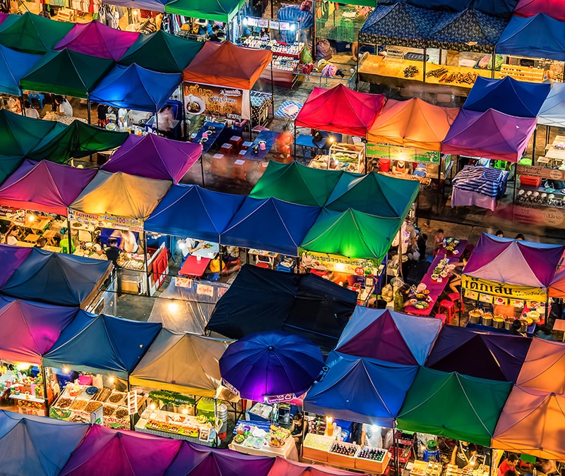 Aerial view of a bustling night market.
