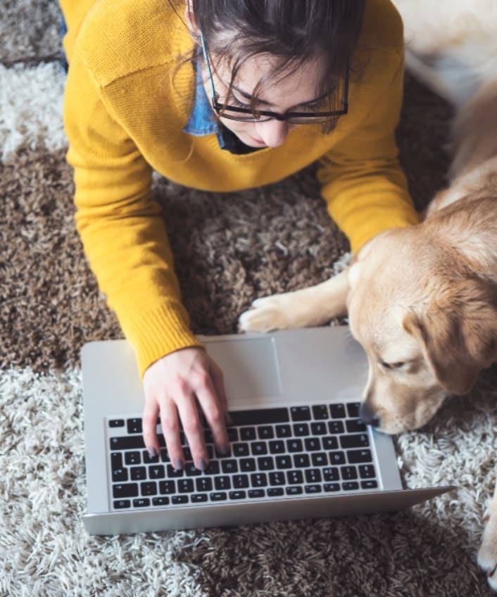 A woman lies down on the floor with her laptop in front of her and a dog with its nose on her keyboard.